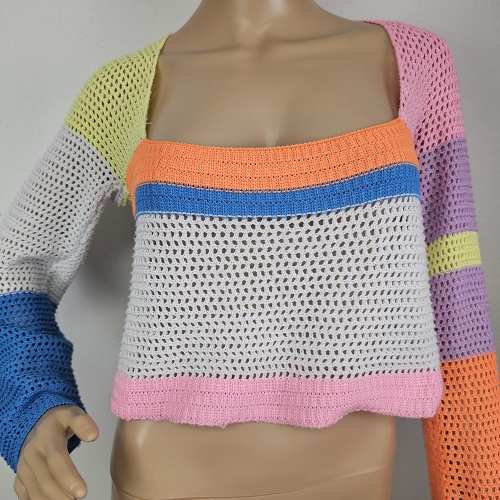 Womens Hippie Fishnet Sweater Colorblock Sz L Festival Resortwear Beach